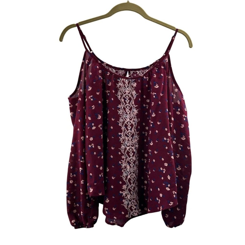 Rewind S Burgundy Floral Sleeveless Lace Blouse Top Western Peasant Boho c